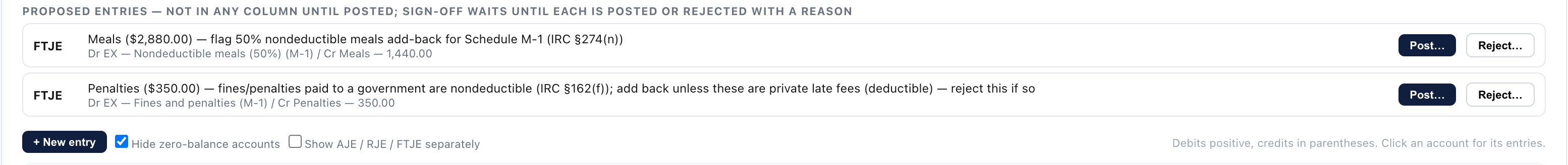 Proposed tax-only entries from the client's ledger: the 50% meals add-back and nondeductible penalties, each waiting to be posted or rejected.